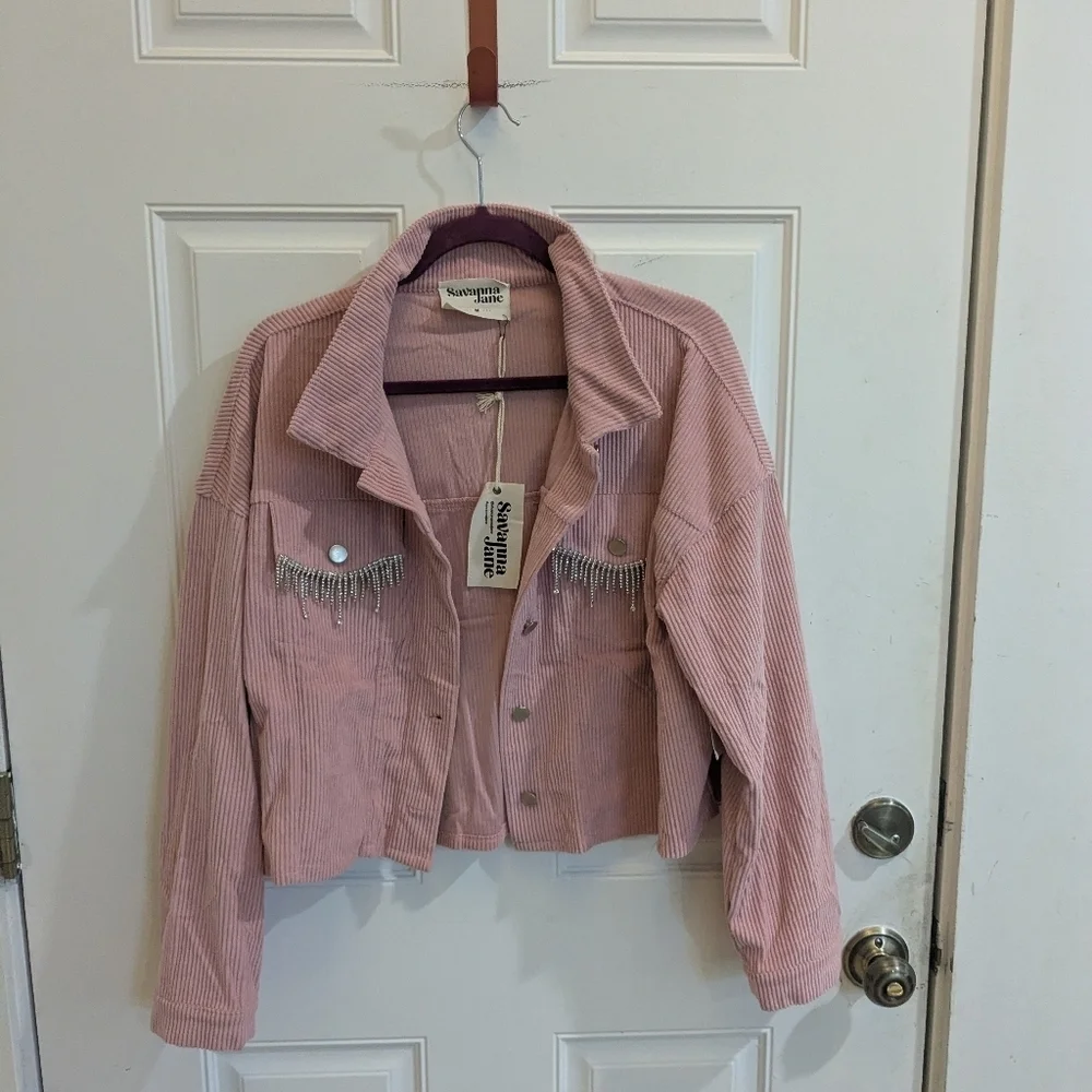 NWT Savanna Jane Pink Corduroy Jacket with Rhinestone Fringe Detail - Picture 2 of 7